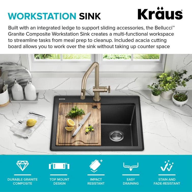 KRAUS Bellucci Granite Composite Workstation Drop-In Top Mount Single Bowl Kitchen Sink with Accessories
