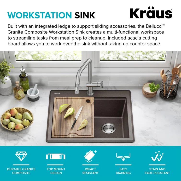 Kraus KGTW12-25MBR KRAUS Bellucci Granite Composite Workstation Drop-In Top Mount Single Bowl Kitchen Sink with Accessories