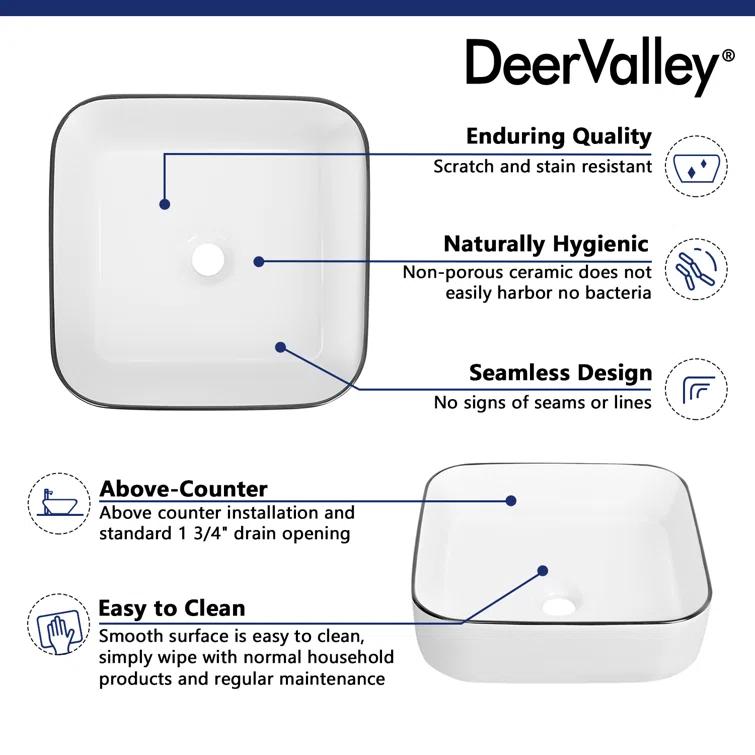 DeerValley Ace 15'' White/Black Square Ceramic Vessel Bathroom Sink