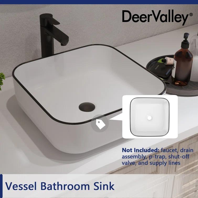 DeerValley Ace 15'' White/Black Square Ceramic Vessel Bathroom Sink