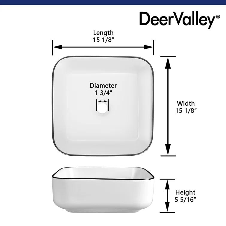 DeerValley Ace 15'' White/Black Square Ceramic Vessel Bathroom Sink