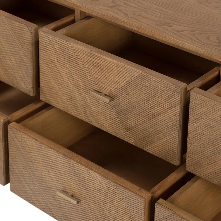 Modern Natural Ash Veneer 6-Drawer Dresser with Satin Brass Hardware
