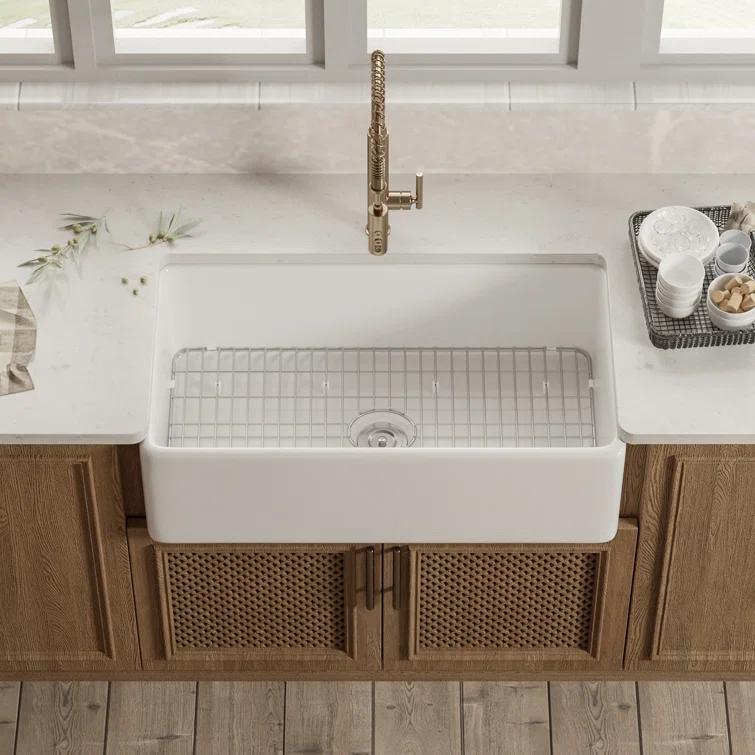 Grove 30" L X 18" W Rectangular White Single Basin Fireclay Farmhouse / Apron Kitchen Sink with Grid and Strainer