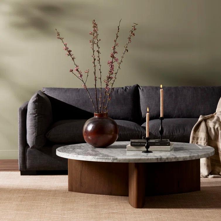 Rustic Gray Round Oak Coffee Table with Storage