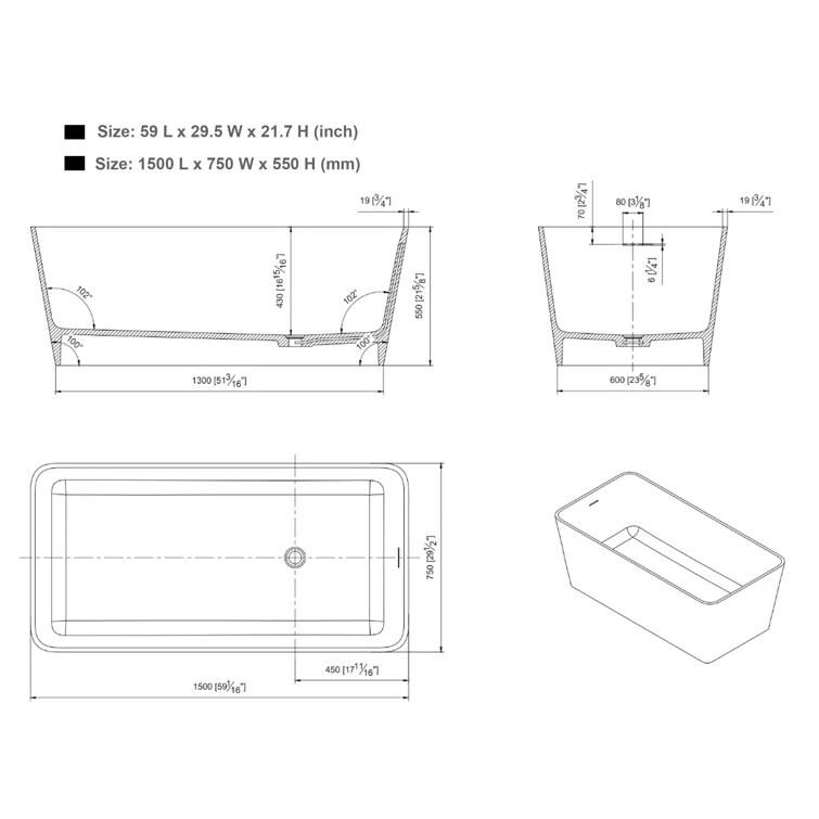 59'' x 30'' Freestanding Soaking Solid Surface Bathtub