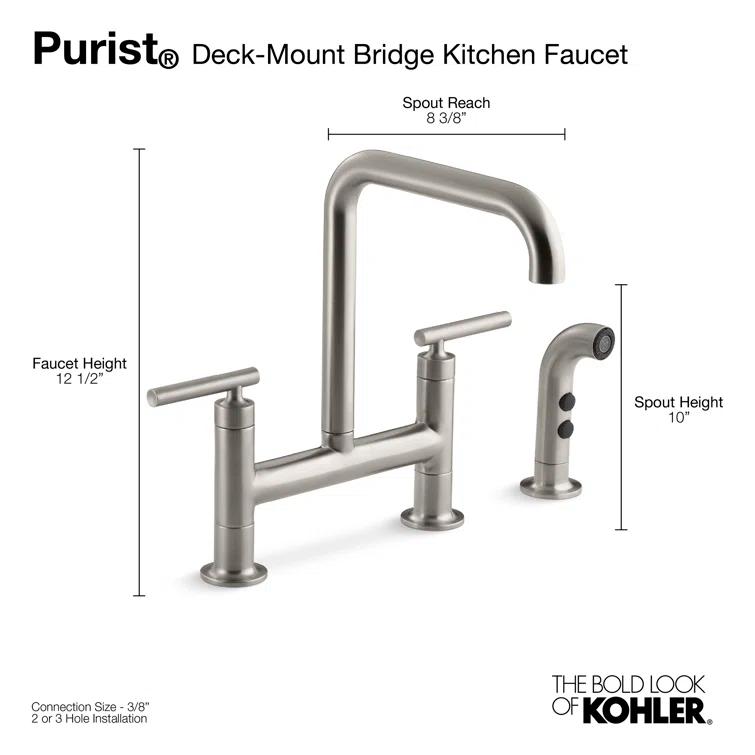 Kohler Purist® Two Handle Deck-Mounted Bridge Kitchen Sink Faucet with Pull Out Side Sprayer