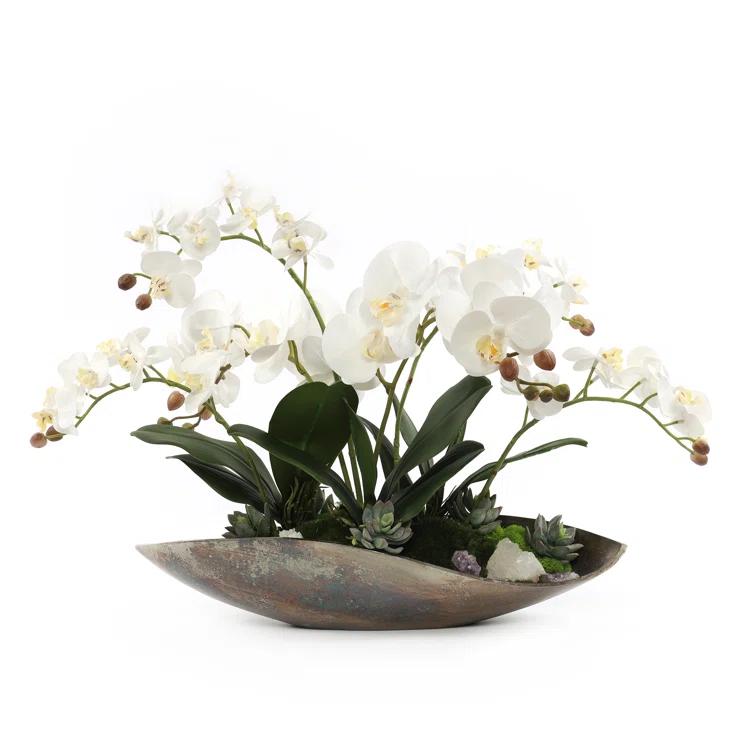 Cream White Silk Orchid Floral Arrangement in Metal Tray