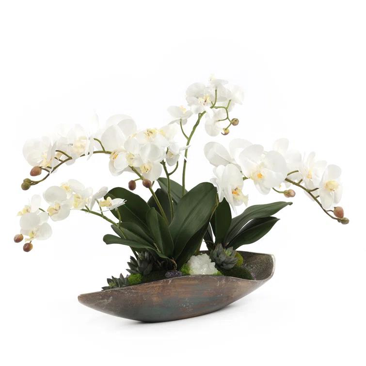 Cream White Silk Orchid Floral Arrangement in Metal Tray