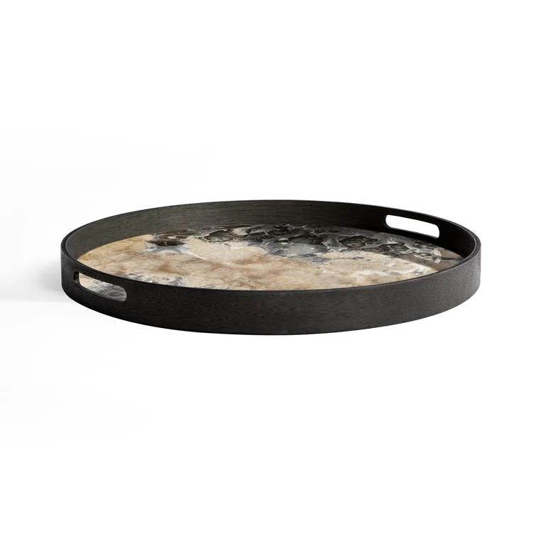 Hand-Finished Round Dark Wood and Glass Tray