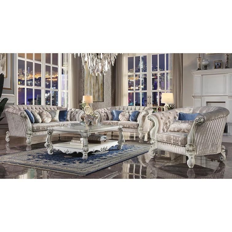 76" Versailles Sofa Ivory Fabric & Bone White Finish - Acme Furniture: Crescent, Nailhead Trim, Leather