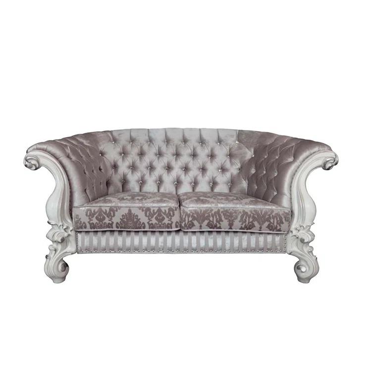 76" Versailles Sofa Ivory Fabric & Bone White Finish - Acme Furniture: Crescent, Nailhead Trim, Leather