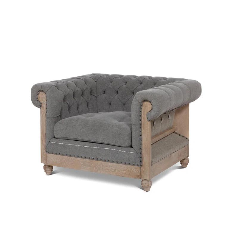 Gray Handcrafted Wood Chesterfield Accent Chair