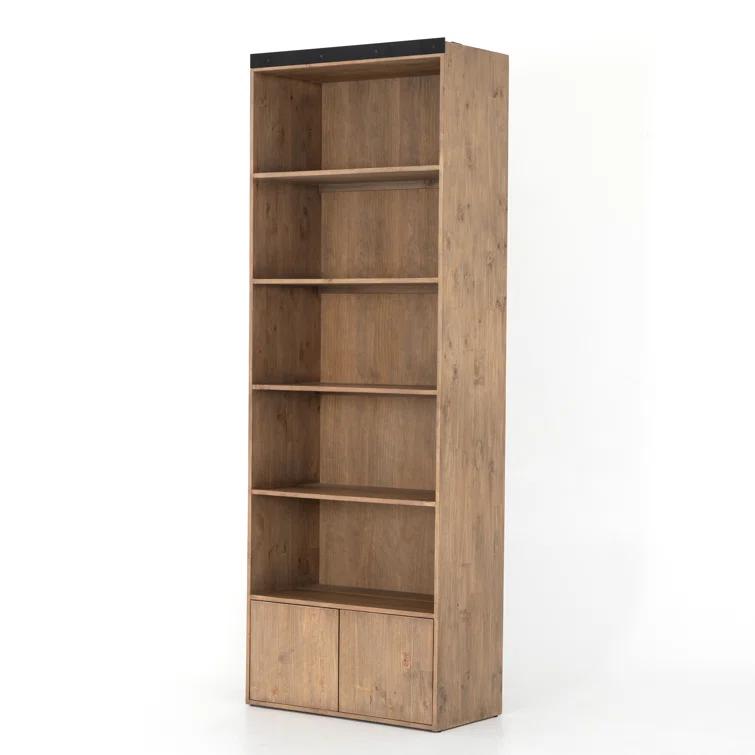Smoked Pine Contemporary Ladder Bookshelf with Black Iron Accents