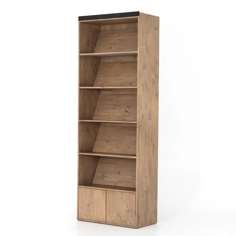 Smoked Pine Contemporary Ladder Bookshelf with Black Iron Accents