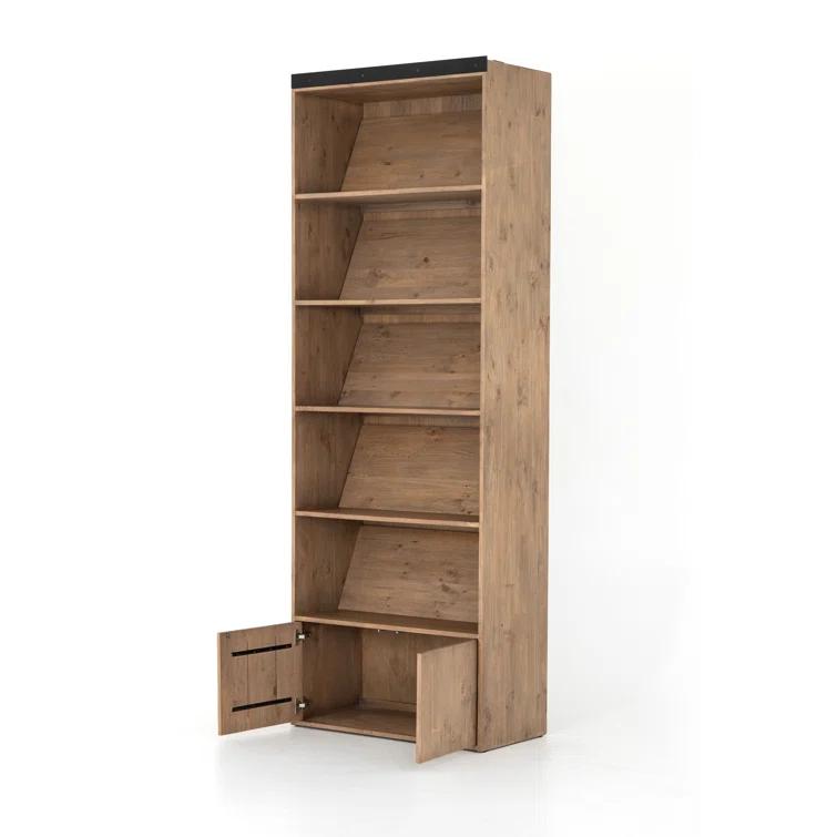 Smoked Pine Contemporary Ladder Bookshelf with Black Iron Accents