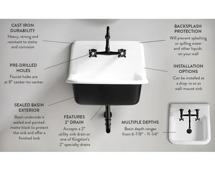 Kingston Brass Towne 30-Inch Cast Iron Wall Mount 2-Hole Single Bowl Kitchen Sink