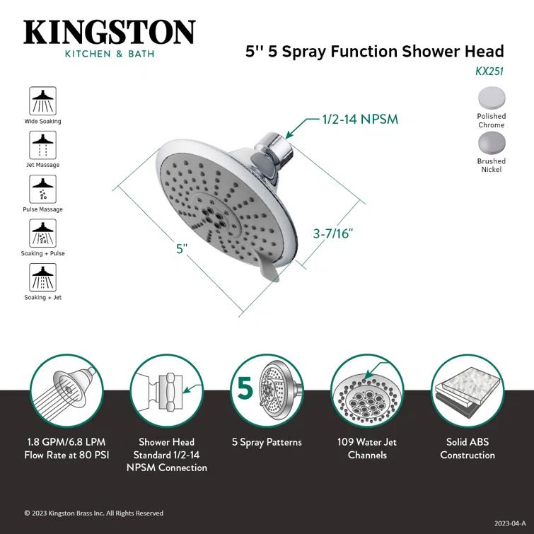 Kingston Brass Shower Scape 5-Inch Round 5-Function ABS Shower Head