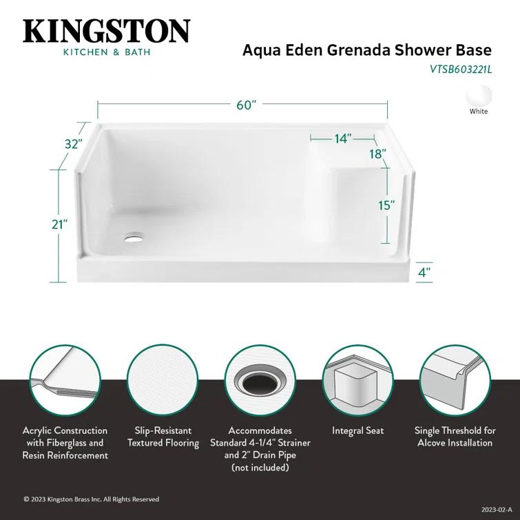 Kingston Brass Grenada 60-Inch x 32-Inch Anti-Skid Acrylic Shower Base with Integral Seat