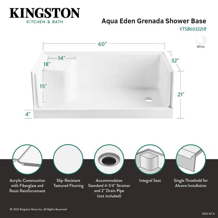 60" W x 32" D Single Threshold Shower Base with Seat