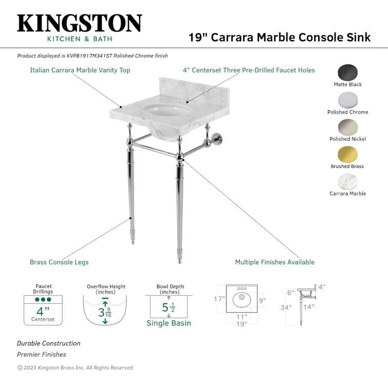 Kingston Brass Edwardian 19-Inch Carrara Marble Console Sink with Brass Legs (4-Inch, 3-Hole)