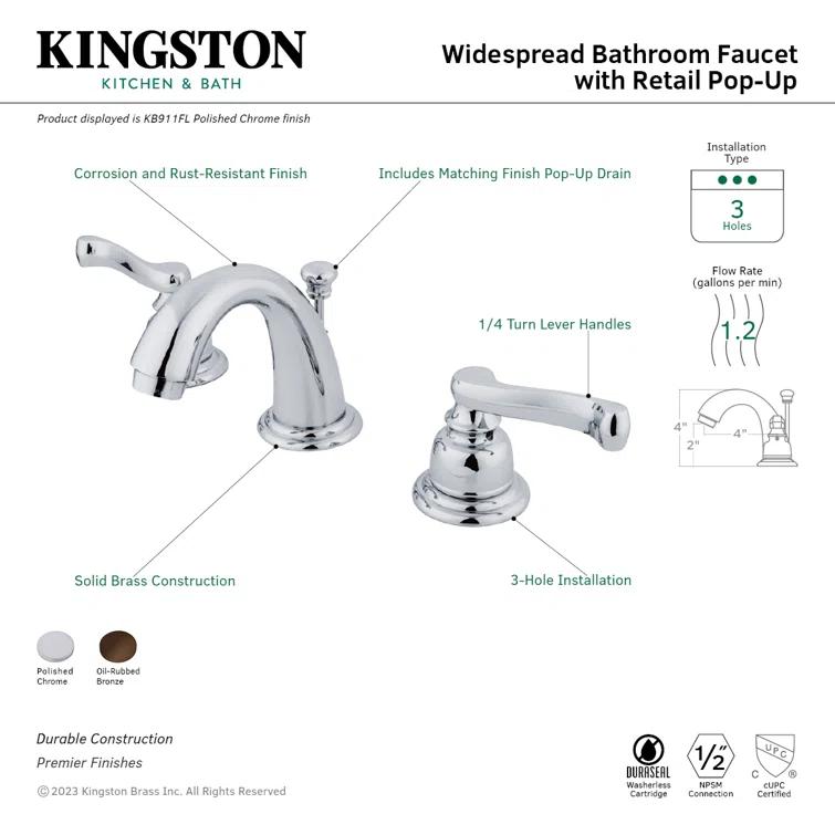 Kingston Brass Royale Two-Handle 3-Hole Deck Mount Widespread Bathroom Faucet with Retail Pop-Up Drain