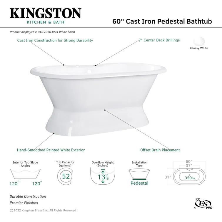 Kingston Brass Aqua Eden 60-Inch Cast Iron Oval Double Ended Pedestal Tub (7-Inch Faucet Drillings)