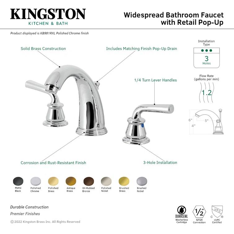 Kingston Brass Restoration Two-Handle 3-Hole Deck Mount Widespread Bathroom Faucet with Retail Pop-Up Drain