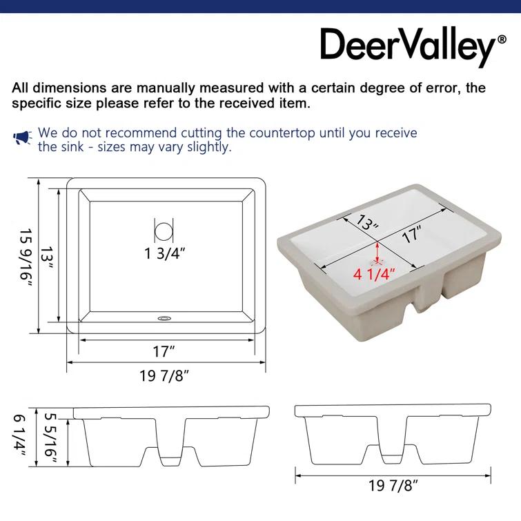 DeerValley Ursa 20" X 15.6" Rectangular Vitreous China Undermount Bathroom Sink with Overflow