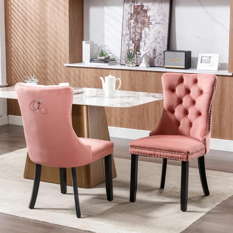 Pink Velvet Dining Chairs Set of 2, Upholstered Dining Room Chairs with Back Ring Pull Trim and Solid Wood Legs, Tufted Wingback Kitchen Chairs for Dining Room,Living Room,Kitchen(Pink)