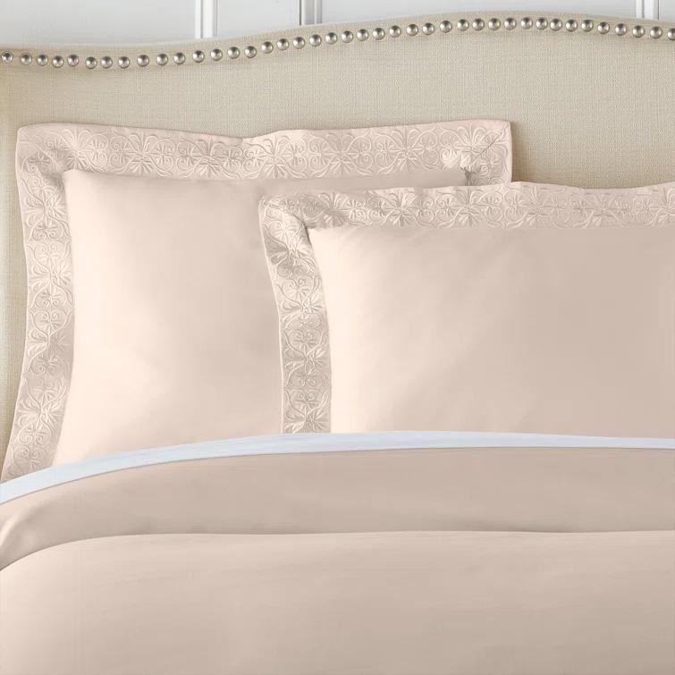 Soft Peach Cotton Queen Duvet Cover Set with Embroidery