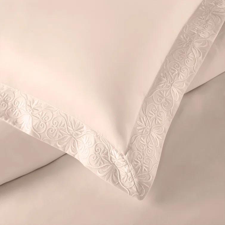 Soft Peach Cotton Queen Duvet Cover Set with Embroidery