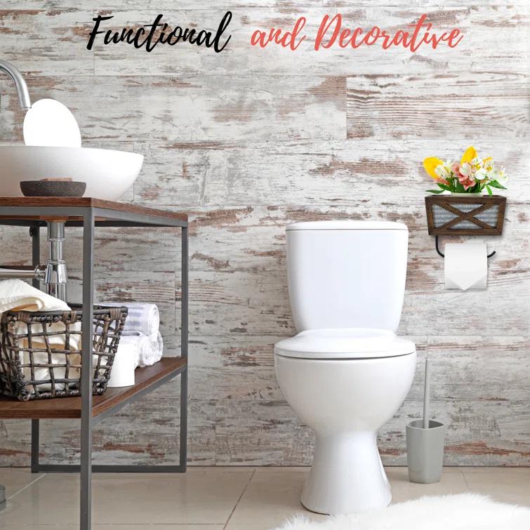 Farmhouse Wall Mount Rustic Toilet Paper Holder with Basket for Cell Phone