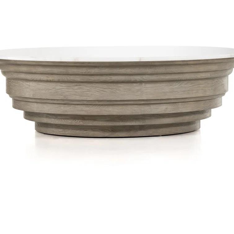 Contemporary Blonde Pine & White Marble Round Coffee Table