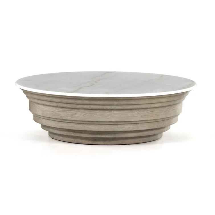Contemporary Blonde Pine & White Marble Round Coffee Table