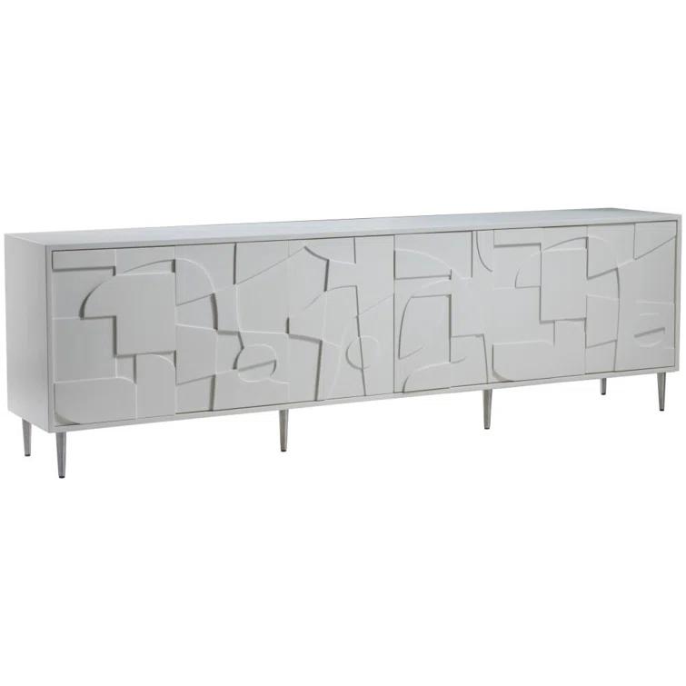 White Mid Century Modern Media Console with Stainless Steel Legs
