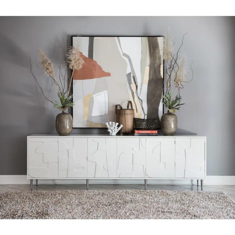 White Mid Century Modern Media Console with Stainless Steel Legs