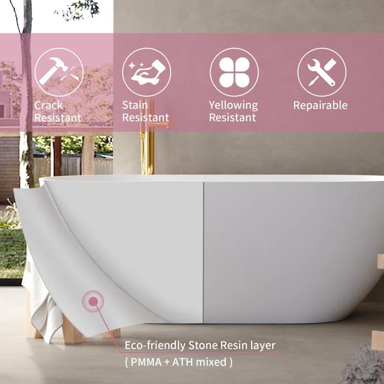 69'' x 29.5'' Freestanding Soaking Solid Surface Bathtub in White Finish with Drain