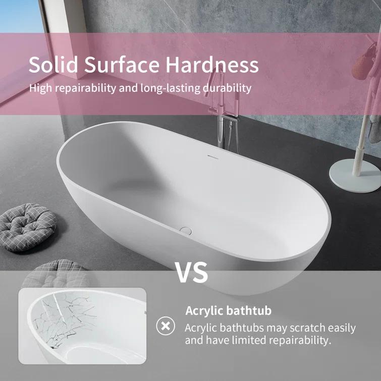 69'' x 29.5'' Freestanding Soaking Solid Surface Bathtub in White Finish with Drain