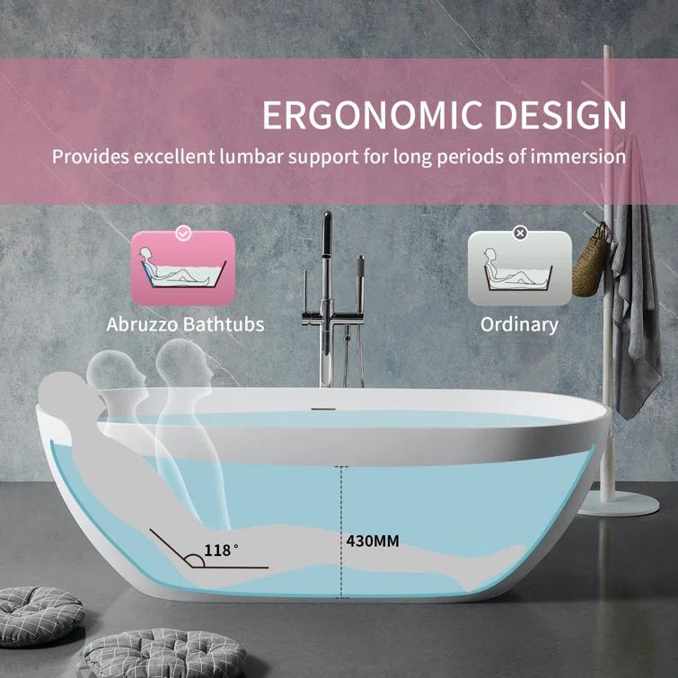 59" x 30" Freestanding Soaking Solid Surface Bathtub Stone Resin Bath Tub with Overflow and Pop-up Drain for Contemporary Bathroom, Glossy/Matte White