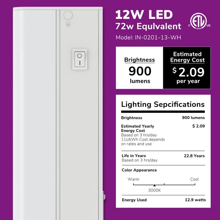Inlight Inlight 3000K Dimmable Under Cabinet LED Lights, selectable 12/18/24/30 inches, Hardwired Only IN-0201-13-WH