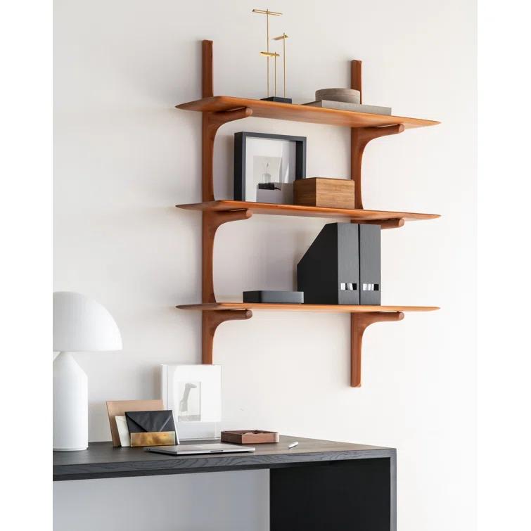 Alain Van Havre Solid Mahogany 3-Tiered Varnished Brown Wall Shelf