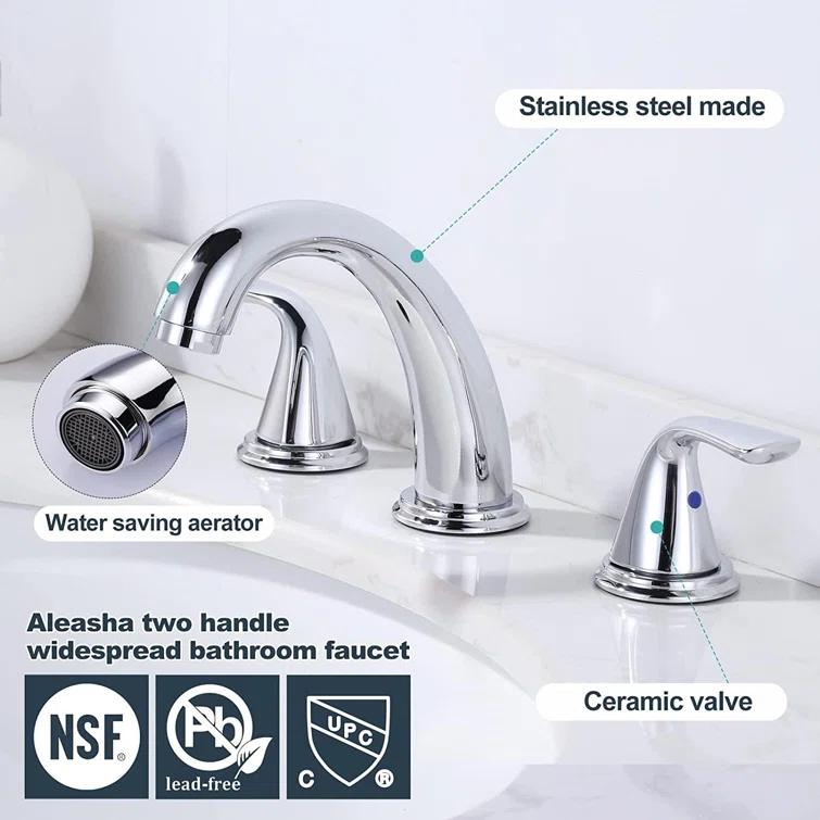 Aleasha Widespread Bathroom Sink Faucet, 3 Hole Faucet With Pop-Up Drain
