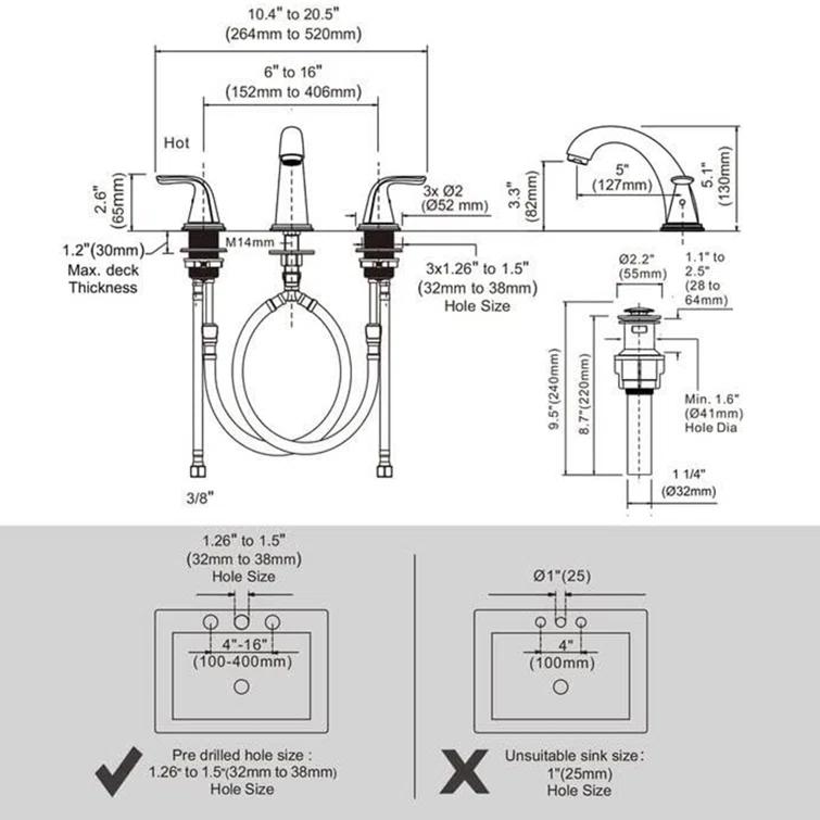 Aleasha Widespread Bathroom Sink Faucet, 3 Hole Faucet With Pop-Up Drain