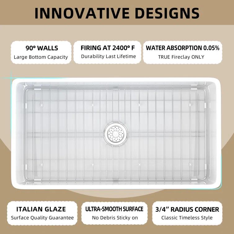 36 x 18 White Farmhouse Sink Fireclay Farm SinkApron Front Kitchen Sink Single Bowl with Accessory Kit