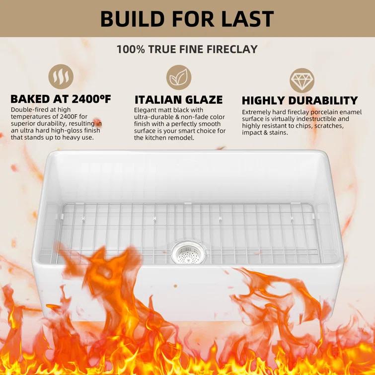 36 x 18 White Farmhouse Sink Fireclay Farm SinkApron Front Kitchen Sink Single Bowl with Accessory Kit