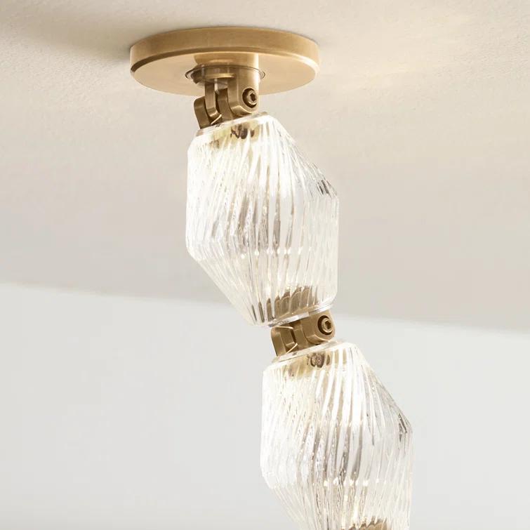 Natural Brass and Crystal LED Chandelier with Faceted Shade