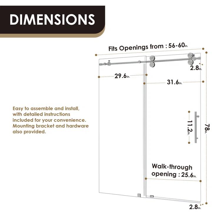 56" - 60" W x 78" H Single Sliding Frameless Shower Door