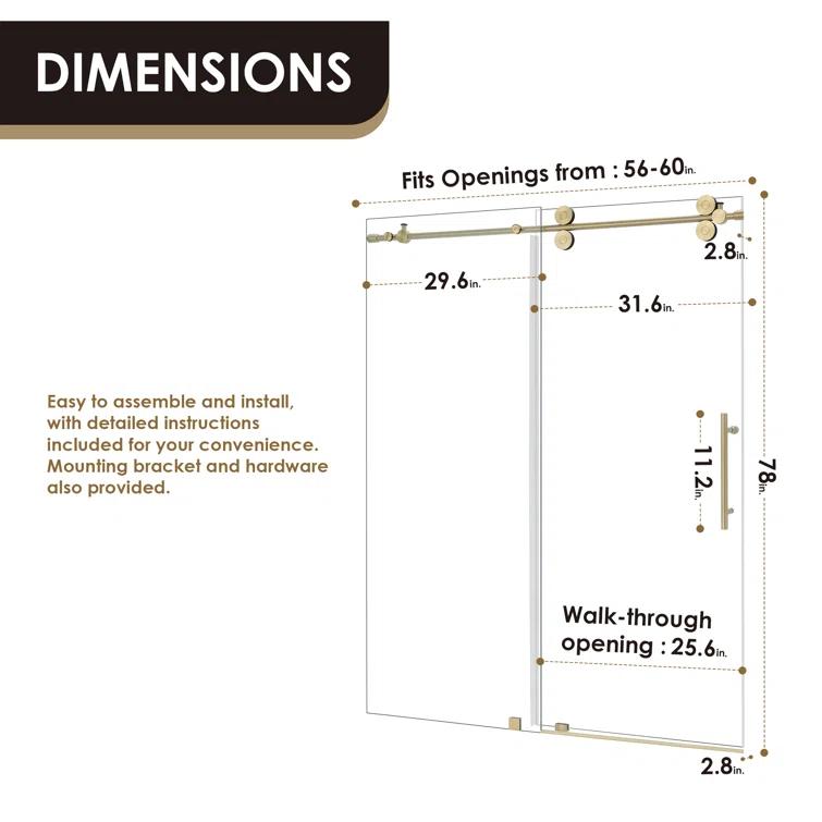 Altair SD80360-SS-BG 56" - 60" W x 78" H Single Sliding Frameless Shower Door
