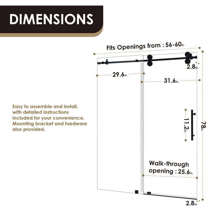 56" - 60" W x 78" H Single Sliding Frameless Shower Door