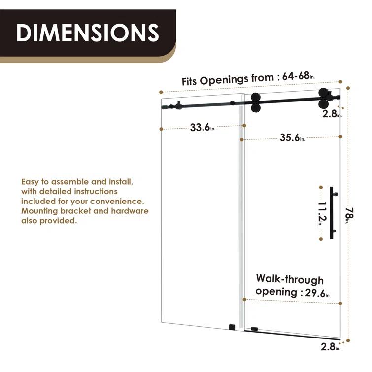 64" - 68" W x 78" H Single Sliding Frameless Shower Door